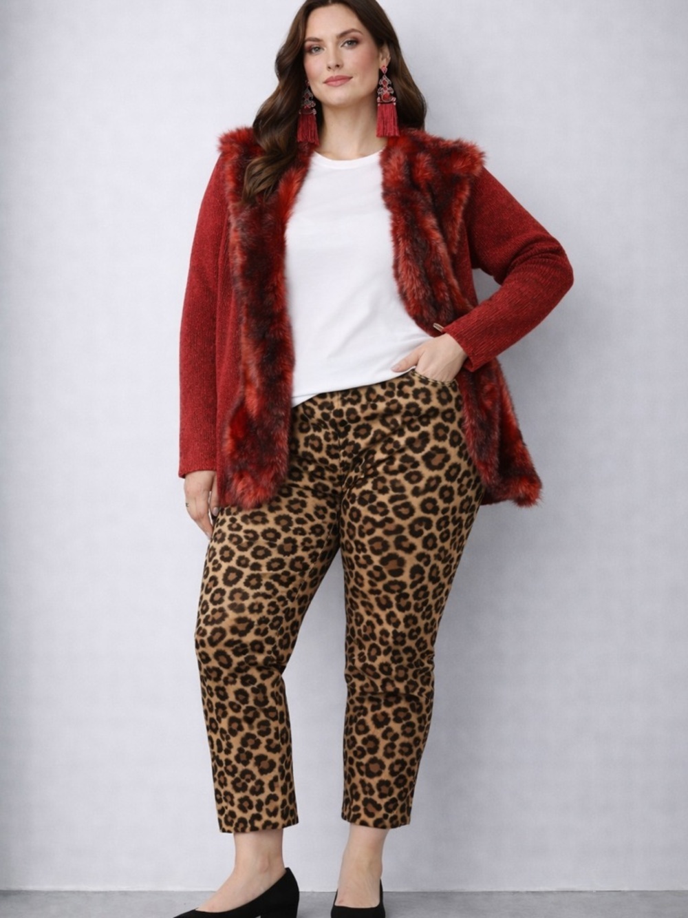 Vintage Red Faux Fur Trim Cardigan Statement Knit Bold size 2X